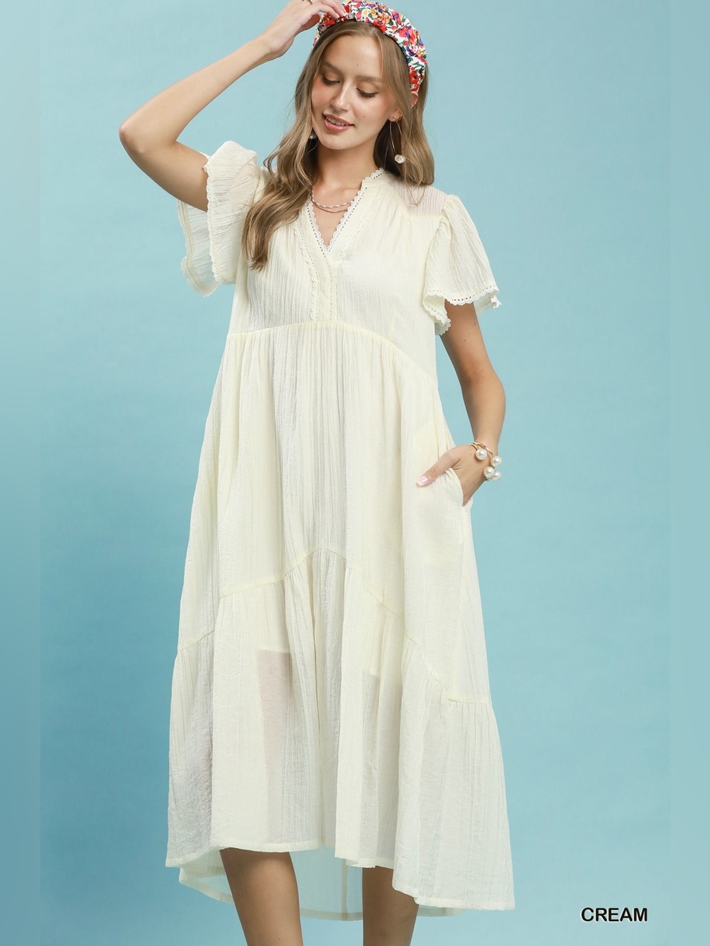 Umgee Textured Tiered Midi Dress with Side Pockets
